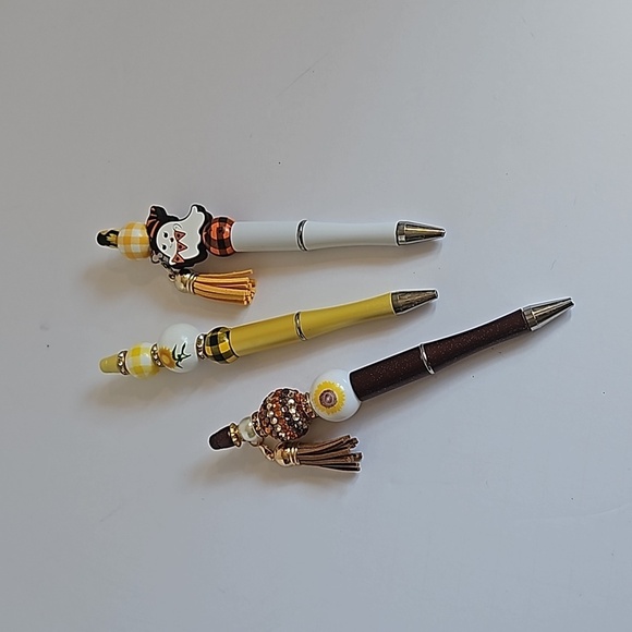 Hand Crafted 3-Set Pens Black Ink Beaded Fall Halloween Sunflower Harvest Design - Picture 6 of 17